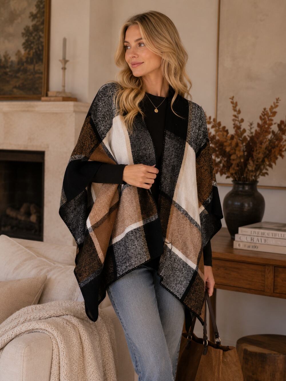Ann Taylor Black Tan White Plaid Cape Poncho Women’s OS Fall Warm Cozy Preppy